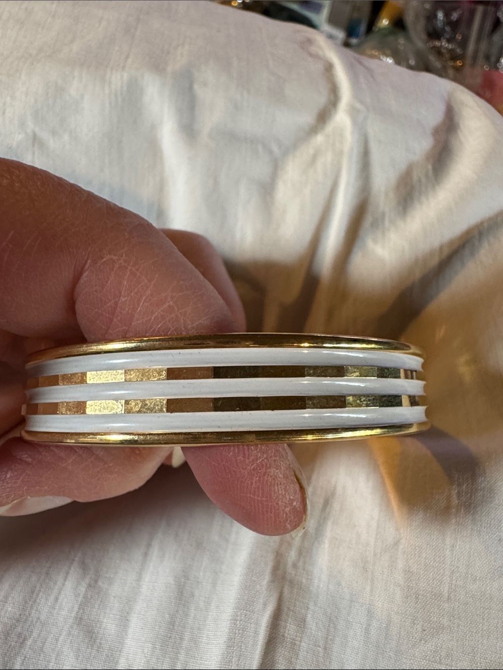 Gold Tone White Enamel Striped Bangle Bracelet